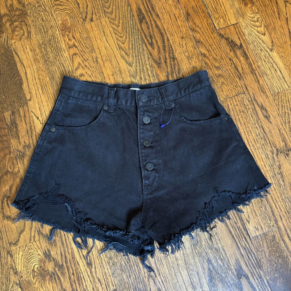 Moussy Vintage Black Cutoff Denim Shorts Sz 2 High Rise Frayed Hem Button Fly